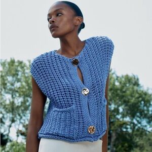 Zara Blue Knit Vest Gold Buttons